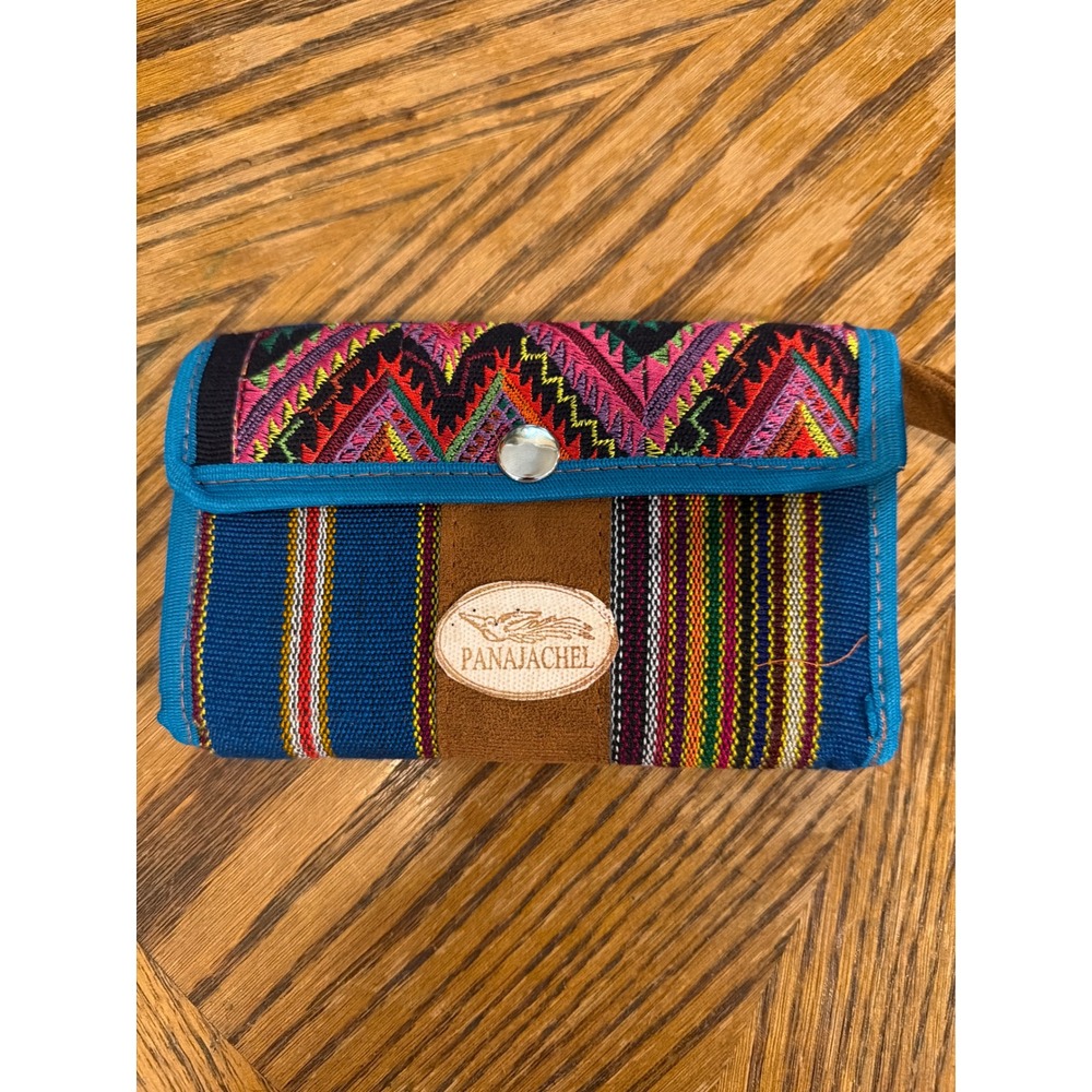 Panajachel Guatemala Woven Textile Wallet Blue Geometric Boho Snap Closure 7x4